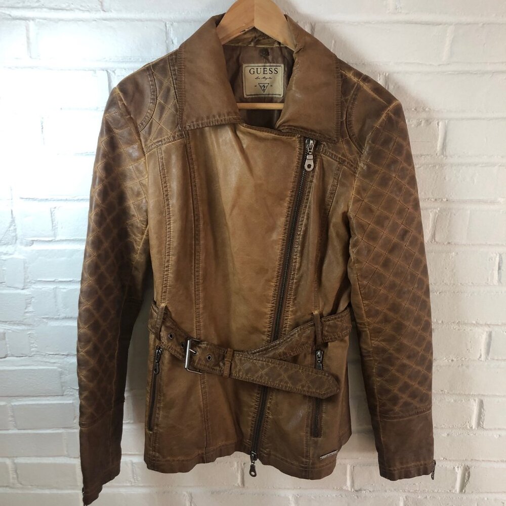 GUESS Faux Brown Leather Belted Motorcycle Moto Jacket Women's Medium